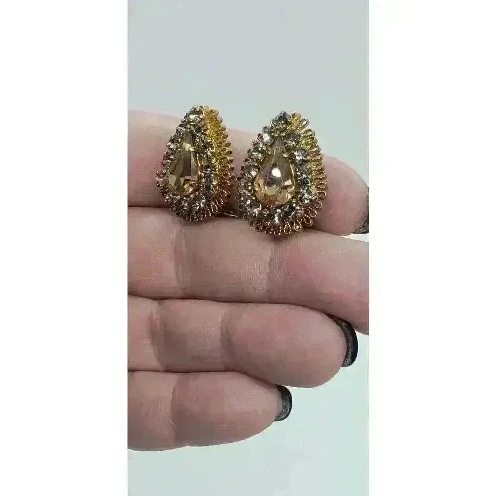 Vintage Earrings Clip Gold Filigree Topaz & Blue Rhinestone Drama Fancy Clip